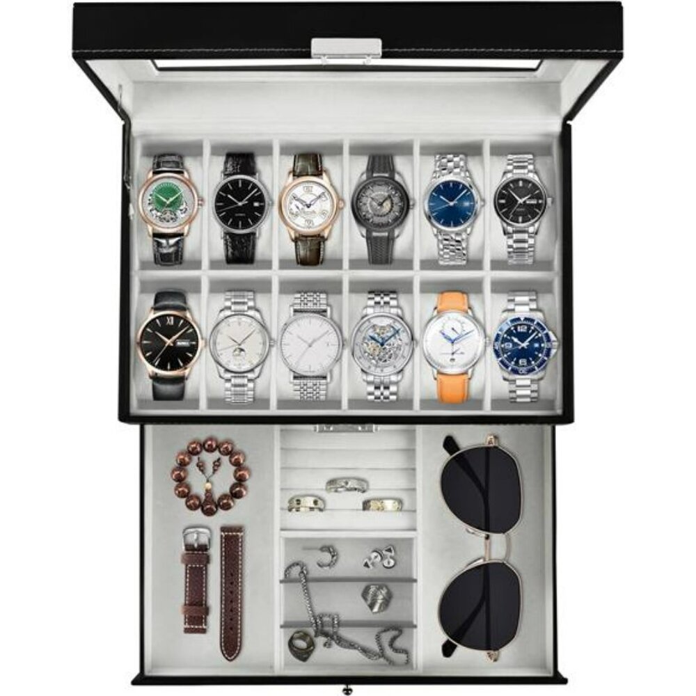 Watch Display Box 12 Slot PU Leather Jewelry Organizer with Glass Lid Drawer